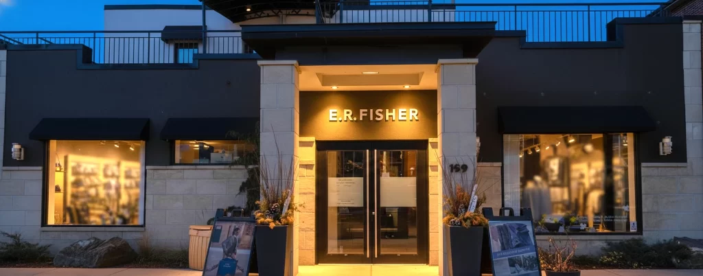 ER Fisher store exterior in the evening with lighting