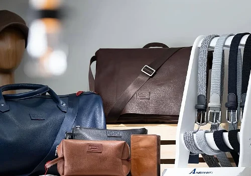 Interior display with belts, leather bags and wallets