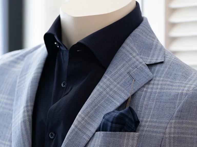 Closeup of men's shirt, jacket and pocket square